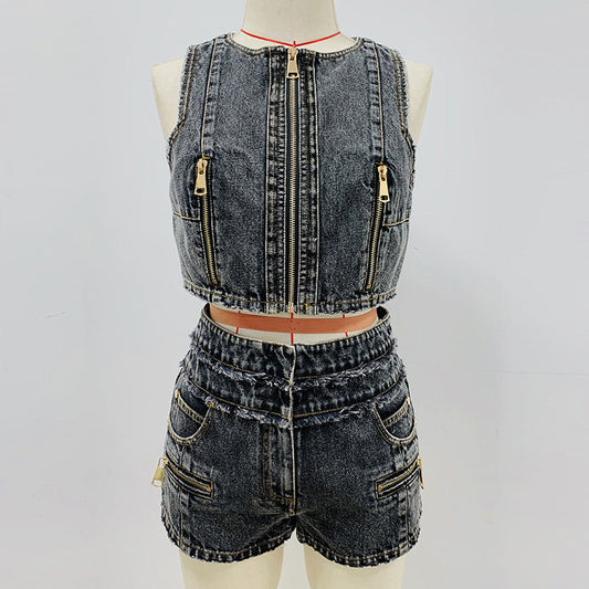 KittenAlarm - Dorothy Denim Tank Tops Stone Wash Shorts Set