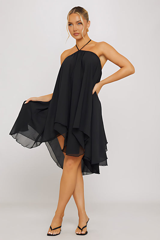 Black Chiffon Halter Asymmetric Mini Dress