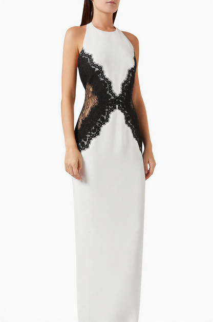 Open Back Maxi Dress In Crepe & Lace