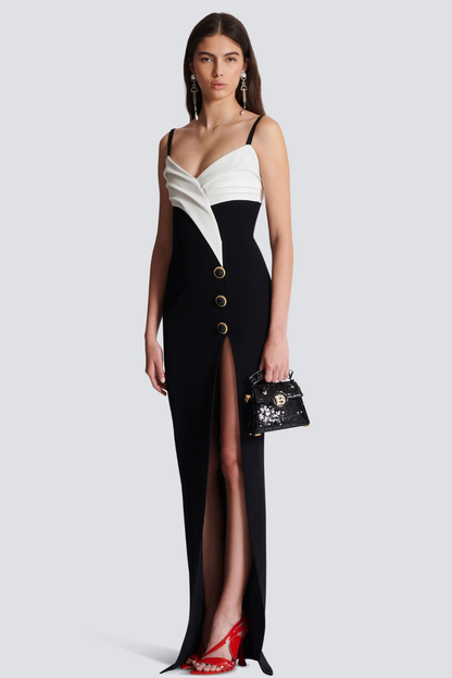 Contrast Color Button High Split Maxi Dress