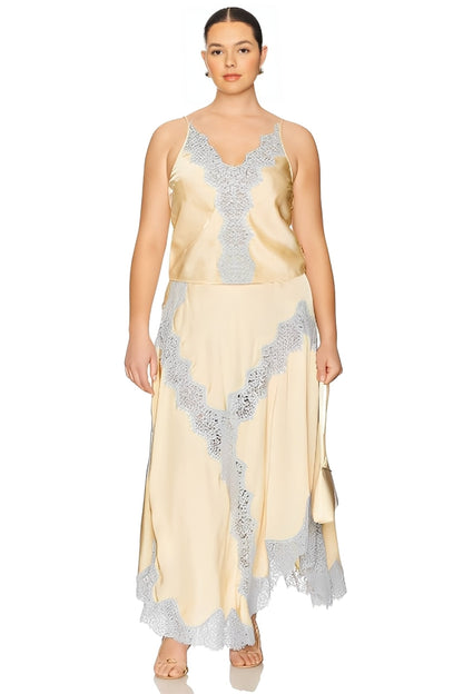 Beige & Blue Lace Trim Top And Skirt Two-piece Set