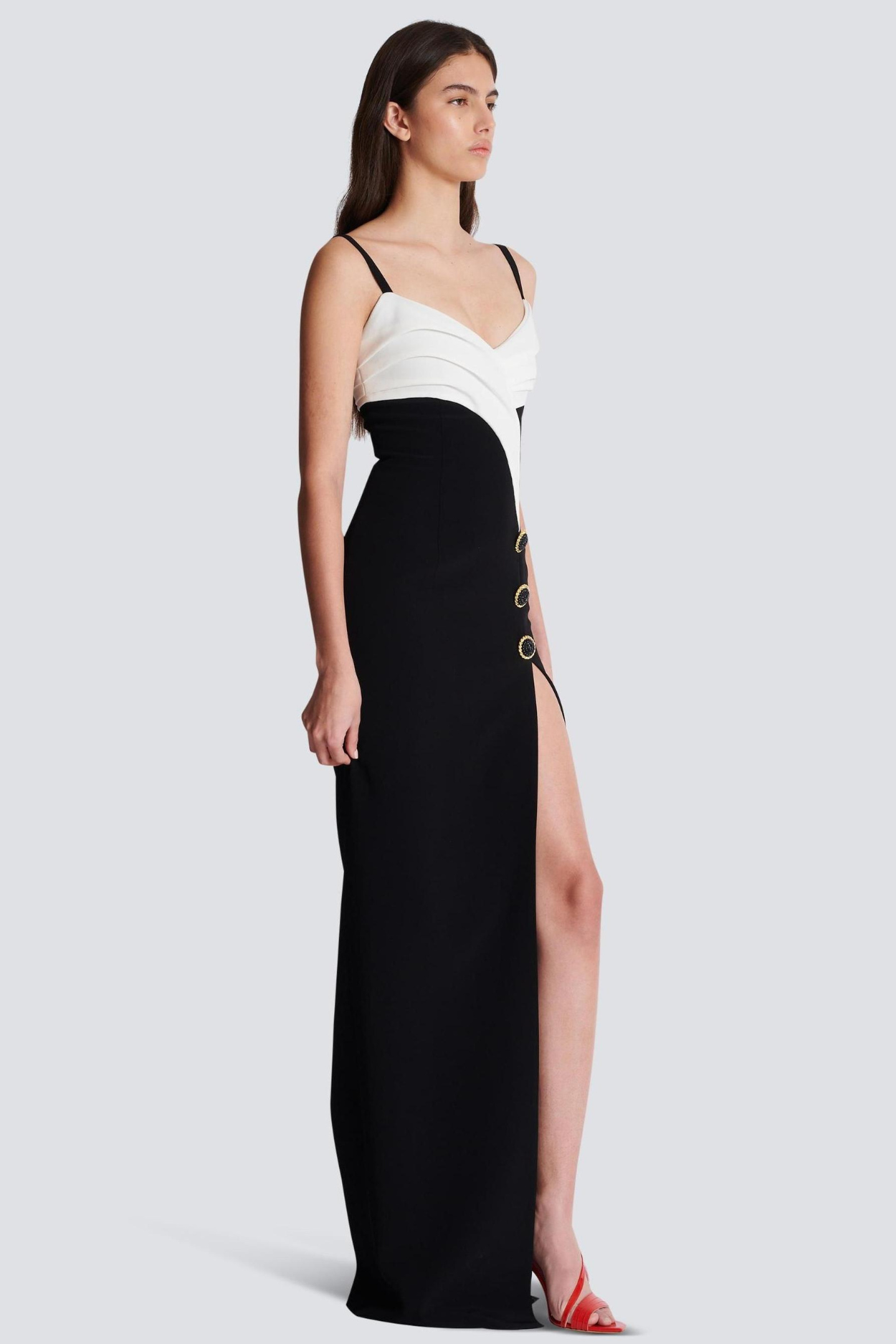 Contrast Color Button High Split Maxi Dress