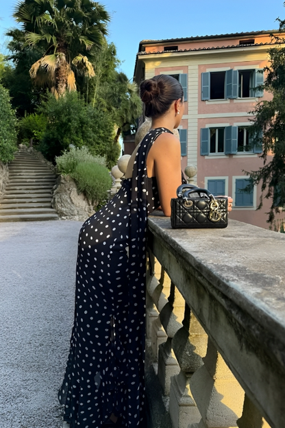 Black and Cream Polkadot Ruffle Maxi Dress