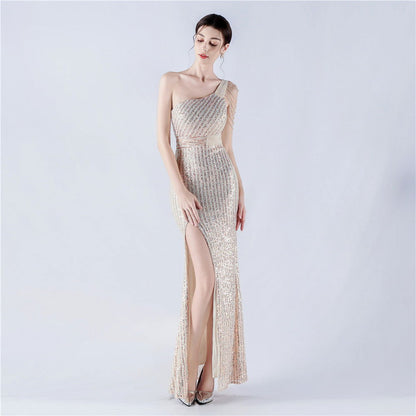 Dress Heavy Industry Beads One Shoulder Diagonal Collar High Fork Sequined Dinner Dress