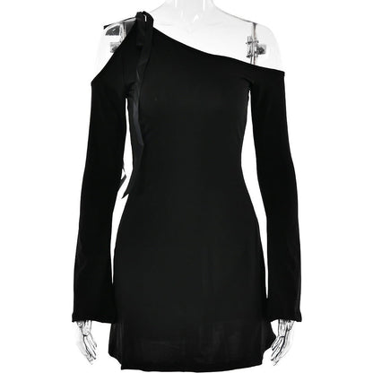Dress Diagonal Collar off the Shoulder Stitching High Waist Long Sleeves Hip