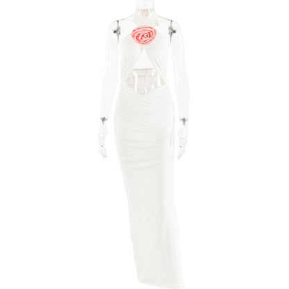 Dress Floral Stitched Backless Halter Strap Hip