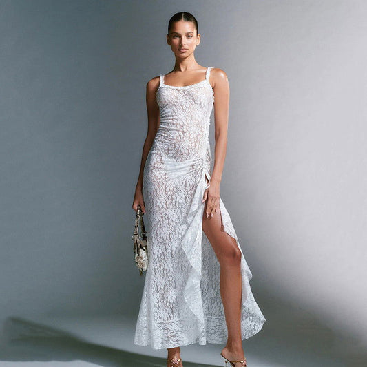 Scoop Neck Spaghetti Strap Floral Lace High Slit Ruffle Trim Maxi Dress