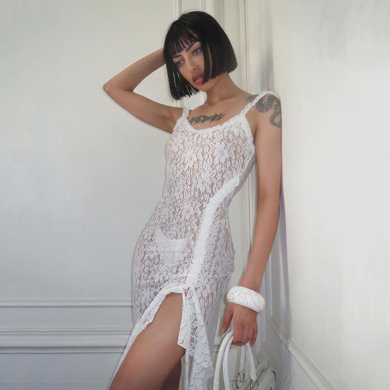 Scoop Neck Spaghetti Strap Floral Lace High Slit Ruffle Trim Maxi Dress