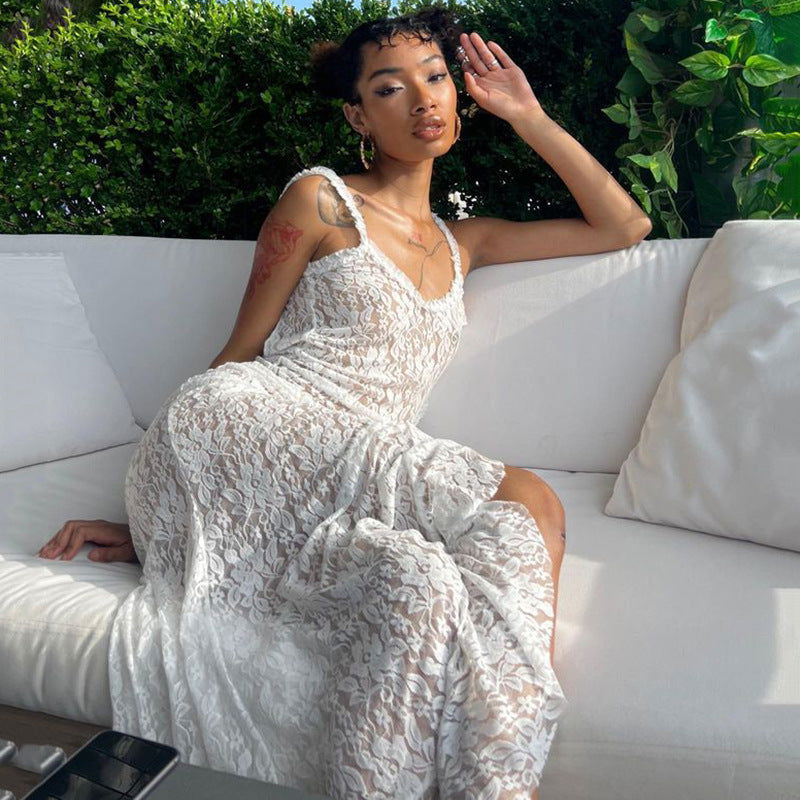 Scoop Neck Spaghetti Strap Floral Lace High Slit Ruffle Trim Maxi Dress