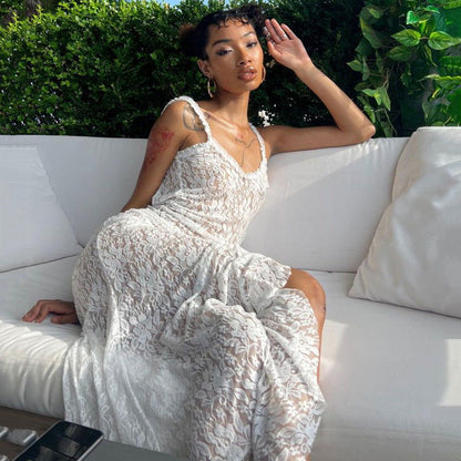 Scoop Neck Spaghetti Strap Floral Lace High Slit Ruffle Trim Maxi Dress