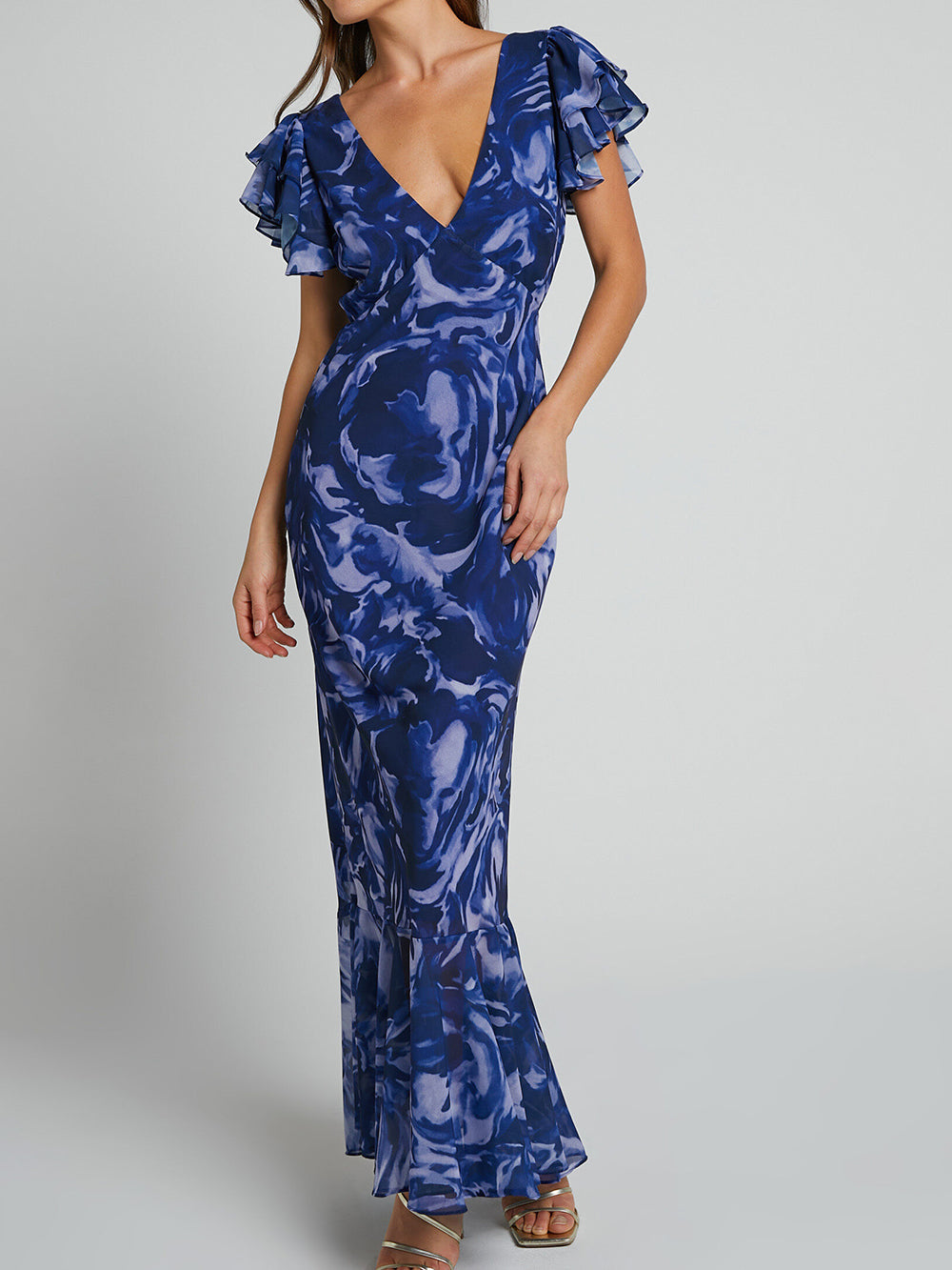 Abstract Swirl Print Deep V Neck Flutter Sleeve Mermaid Maxi Dress