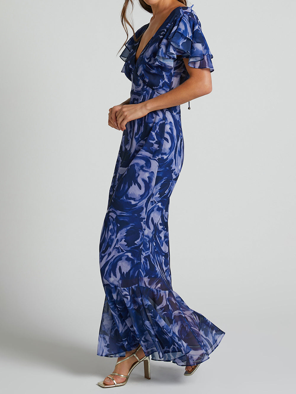 Abstract Swirl Print Deep V Neck Flutter Sleeve Mermaid Maxi Dress