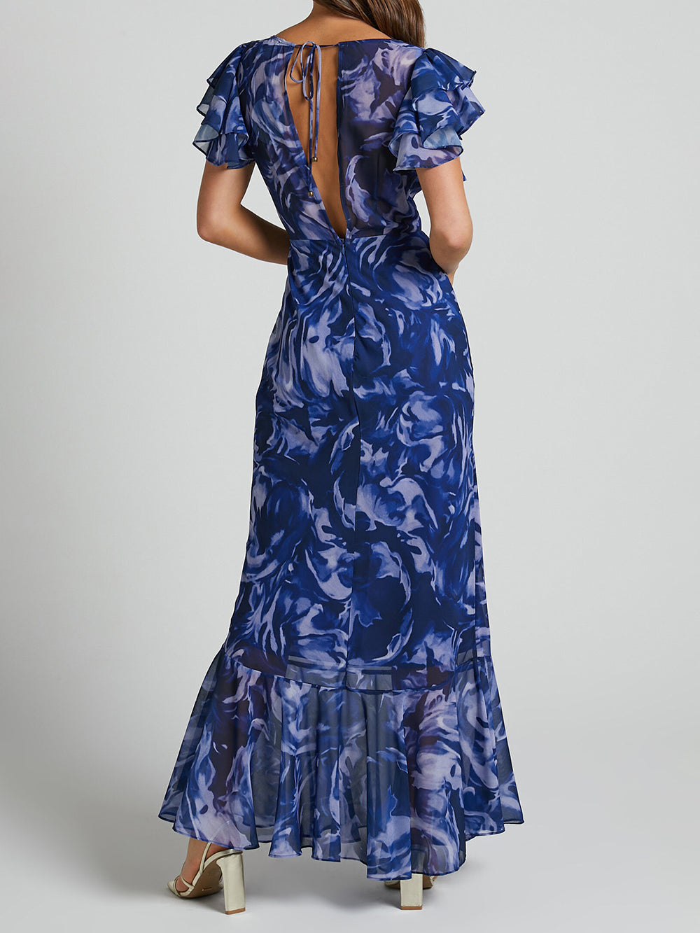 Abstract Swirl Print Deep V Neck Flutter Sleeve Mermaid Maxi Dress
