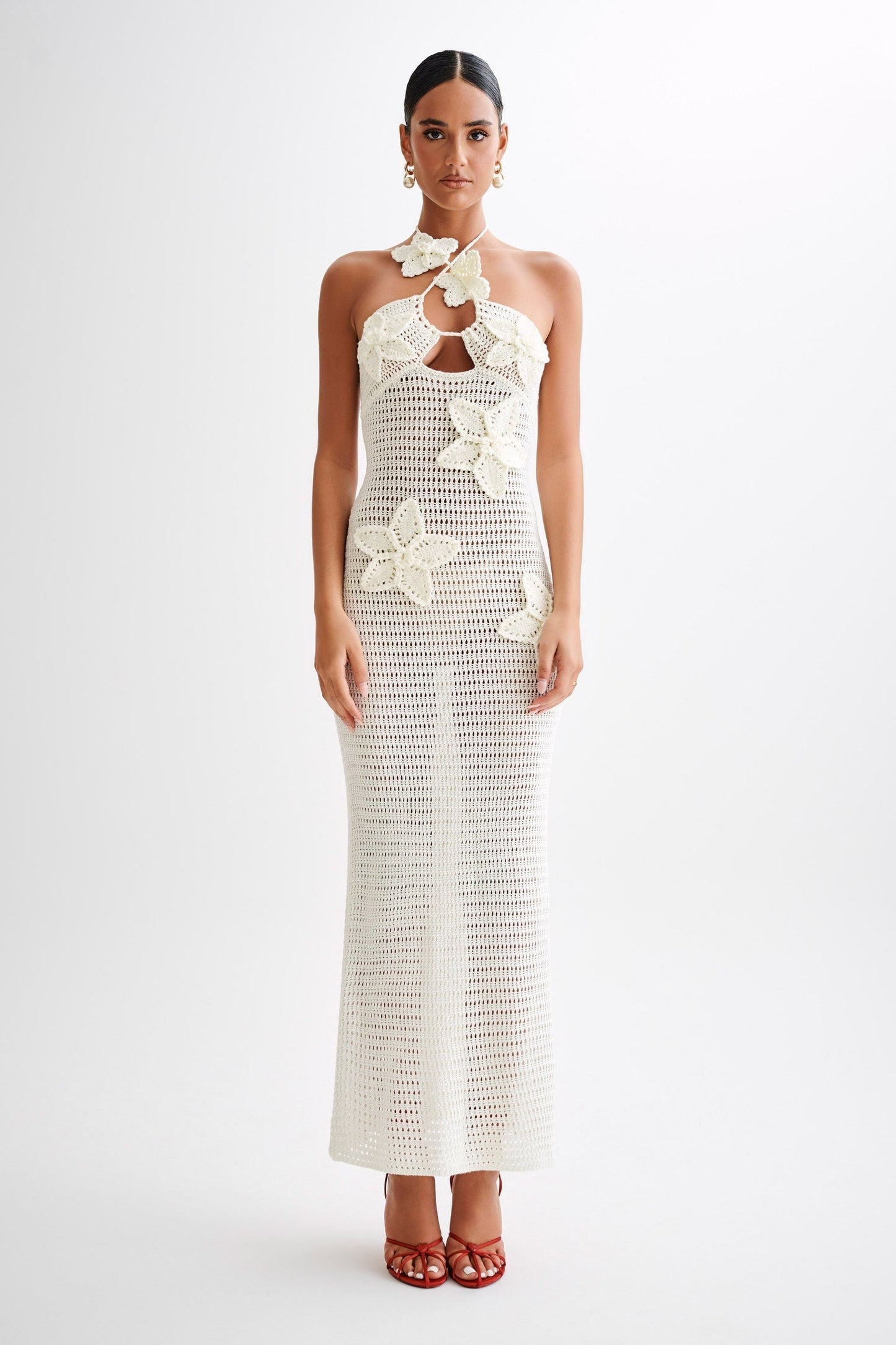 Crochet Floral Appliqué Asymmetric Halter Keyhole Cutout Bodycon Midi Dress
