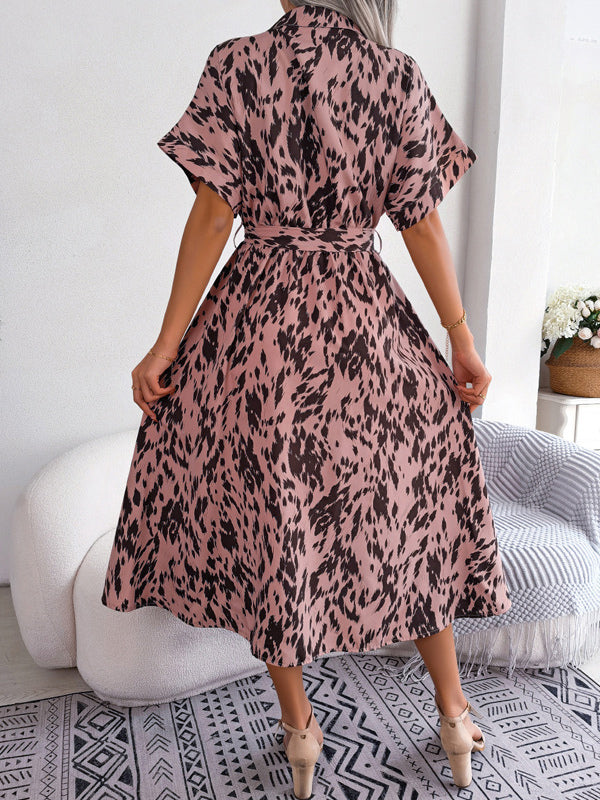 Shirt Dresses Two-Tone Short Sleeves Belted Busniess Casual Midi Dresses
