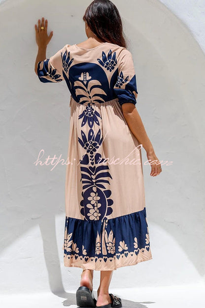 Unique Printed V-neck Loose Resort Style Midi Dress