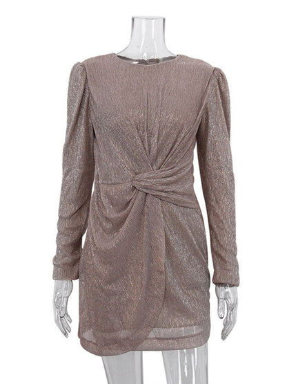 Bodycon High Waisted Knot Shiny Solid Color Zipper Round-Neck Mini Dresses