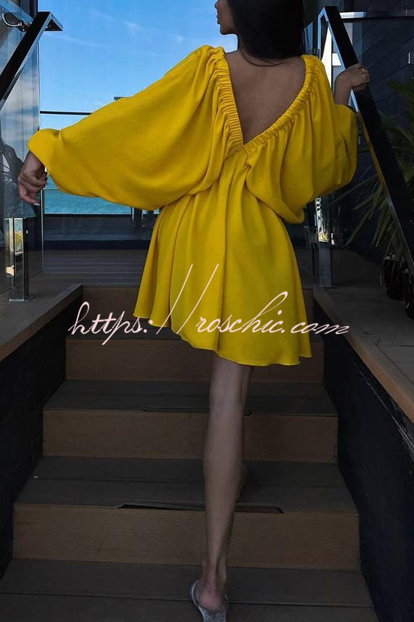 V Neck Puff Sleeve Solid Color Resort Style Mini Dress
