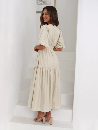 KIMONA SMOCKED SHORT SLEEVE MAXI DRESS - BEIGE