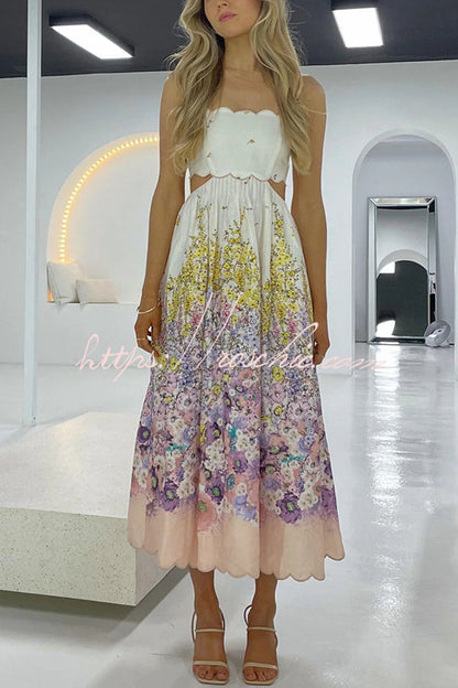 Cabo Sunsets Floral Print Petal Trim Back Lace-up Pocket Midi Dress