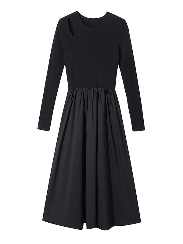 A-Line Long Sleeves Elasticity Hollow Solid Color Split-Joint Round-Neck Midi Dresses