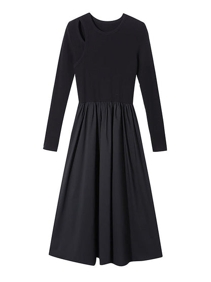 A-Line Long Sleeves Elasticity Hollow Solid Color Split-Joint Round-Neck Midi Dresses