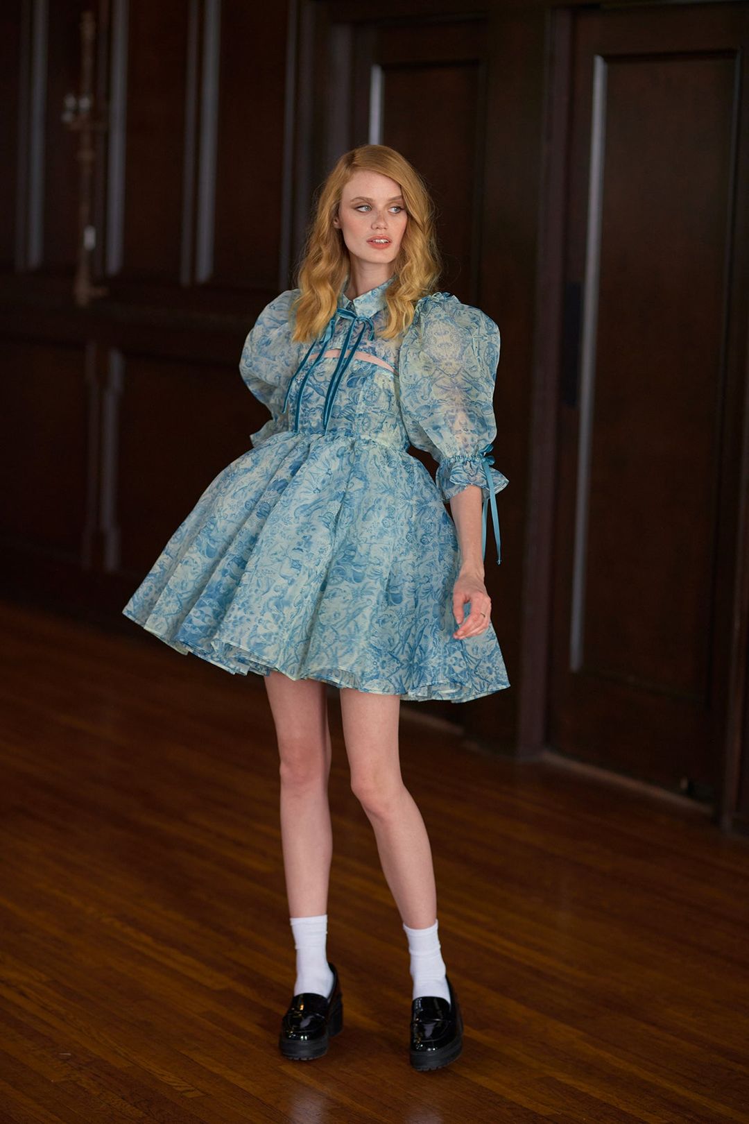 Floral Puff Sleeve Lace Up Doll Collar Mini Dress