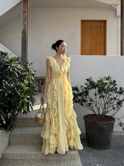 Sunset Ruffle Asymmetrical Maxi Dress – Romantic Flowy Vacation Look gunne sax vintage dress