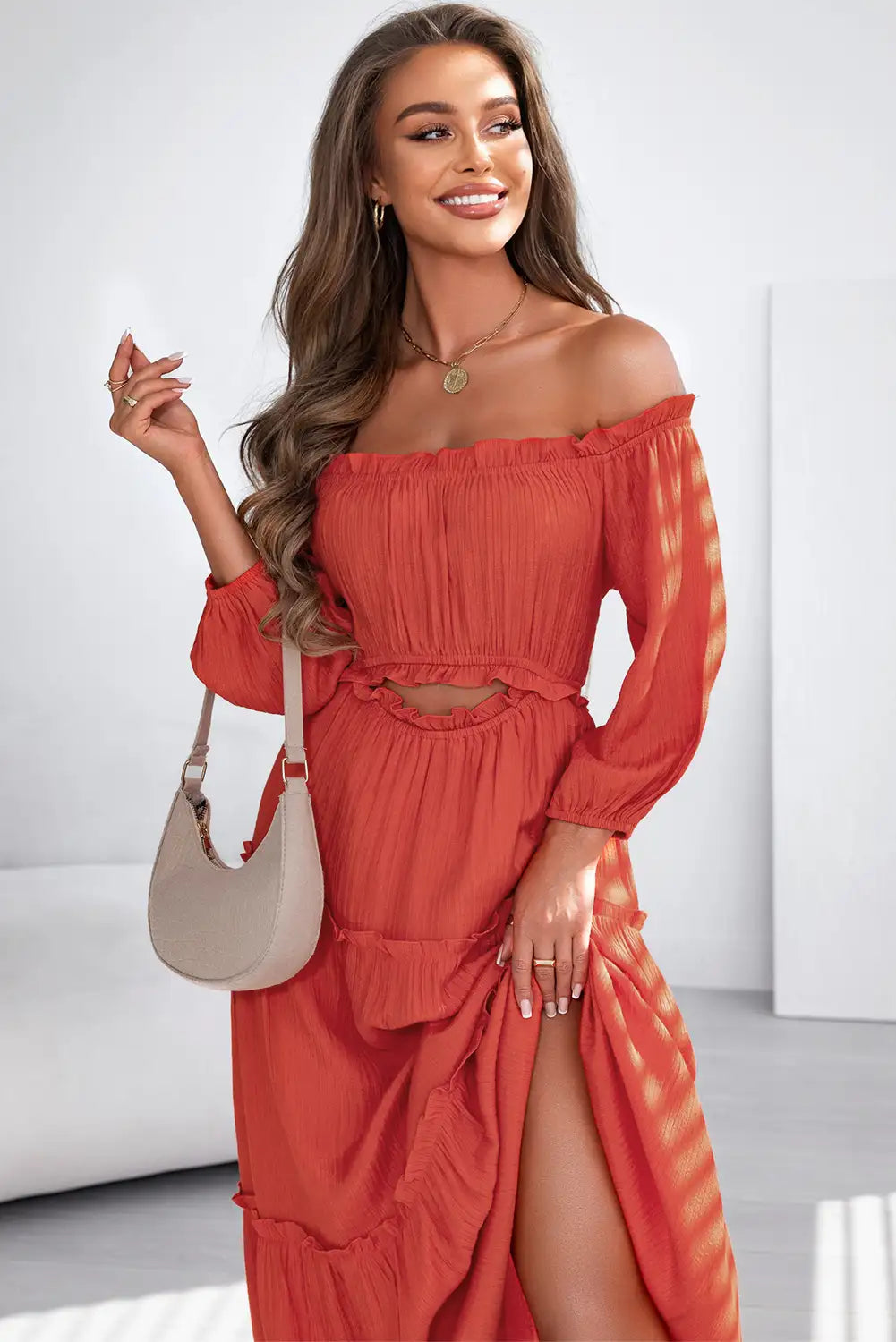 stunning orange balloon sleeve maxi dress