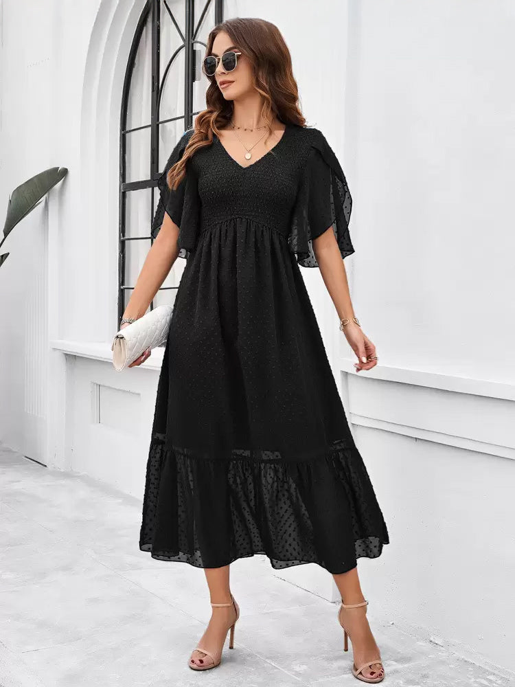 Party Dress Tiered Pleated V-Neck Summer Stylish Casual Midi Dresses