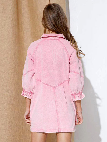 Gathered Sleeves Dresses Front Buttons Solid Color Mini Dress