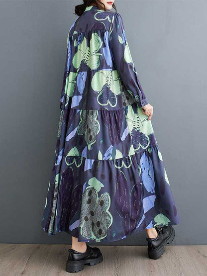 A-Line Long Sleeves Buttoned Flower Print Pleated Split-Joint Round-Neck Midi Dresses