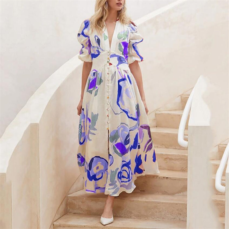 V-Neck Printed Maxi Dress in Blue, Gold, Green, Rose Red, White
