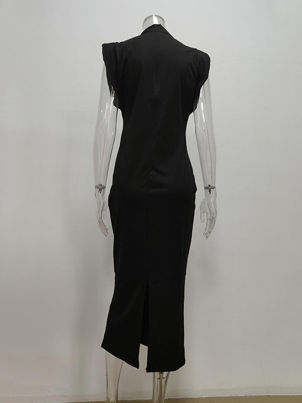 Plus Size Skinny Solid Color Zipper Mock Neck Midi Dresses