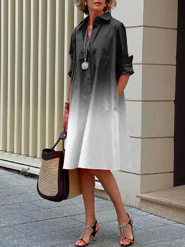 Long Sleeves Gradient Lapel Midi Dresses