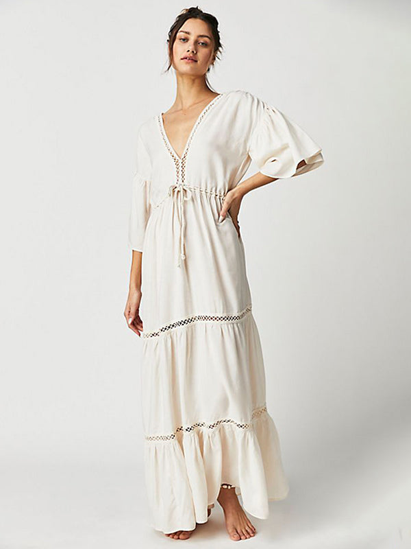 Boho Dress V-Neck Low-cut Back Ruffles Tiered Hollow Maxi Dresses