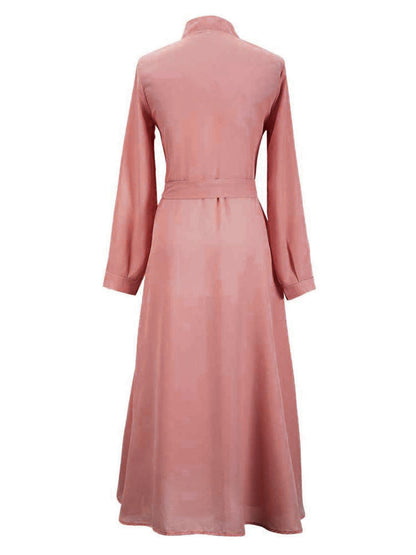 Women Maxi Dresses High Rise Stand Collar Buttons Long Sleeves Floor Length Shirt Dress