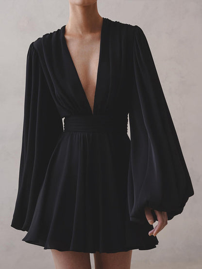 Skater Dresses V-Neck Long Sleeves Pleated Sexy Flared Dress Mini Dresses