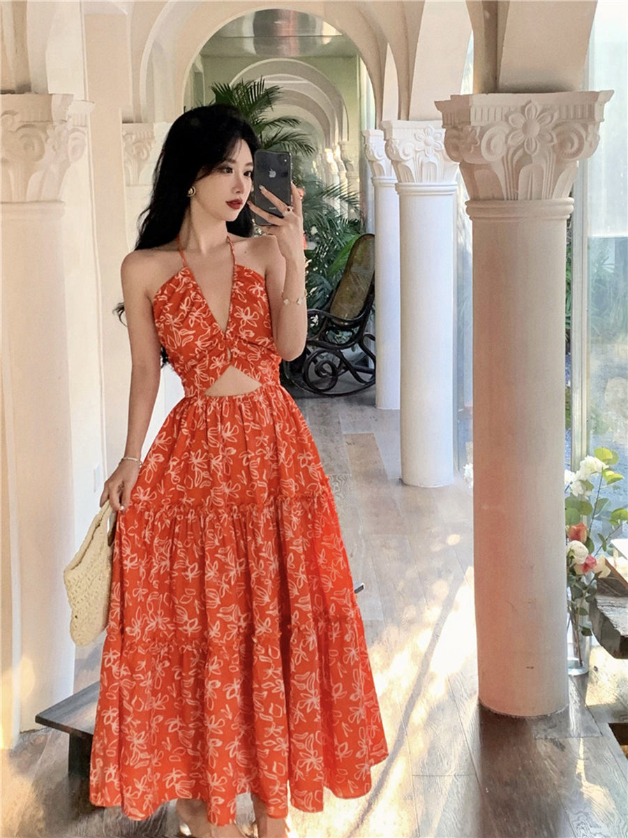 Bohemian Floral Halter Maxi Dress – Exotic Vacation Look