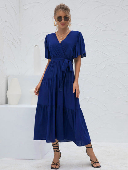 V-Neck Maxi Dress Short Sleeves Casual Layered Floor Length Dress