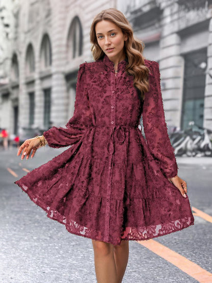 Floral Dress Midi Dress Long Sleeves Jewel Neck Classic Sash Medium Fall