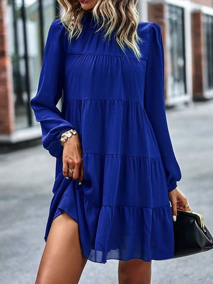 A-Line Bishop Sleeve Elasticity Pleated Solid Color Split-Joint Tied Mock Neck Mini Dresses