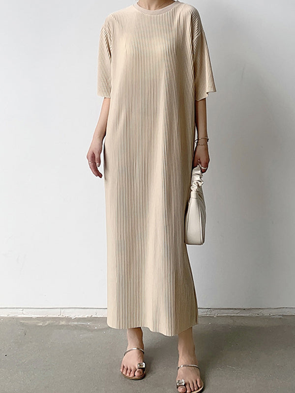 Half Sleeves Loose Pleated Solid Color Round-Neck Midi Dresses