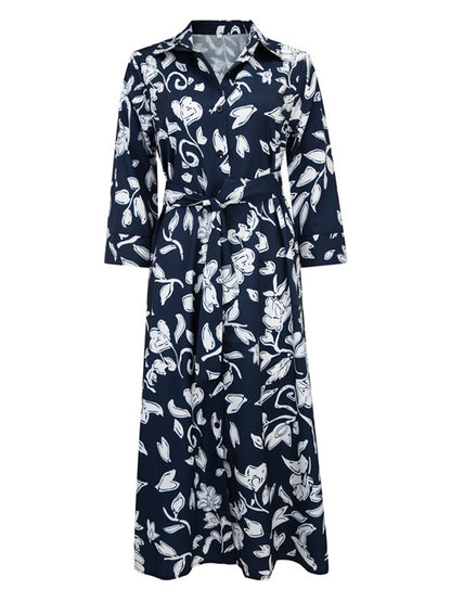 Shirt Midi Dress Green Turndown Collar Split Front Long Sleeves Geometric Layered Dress