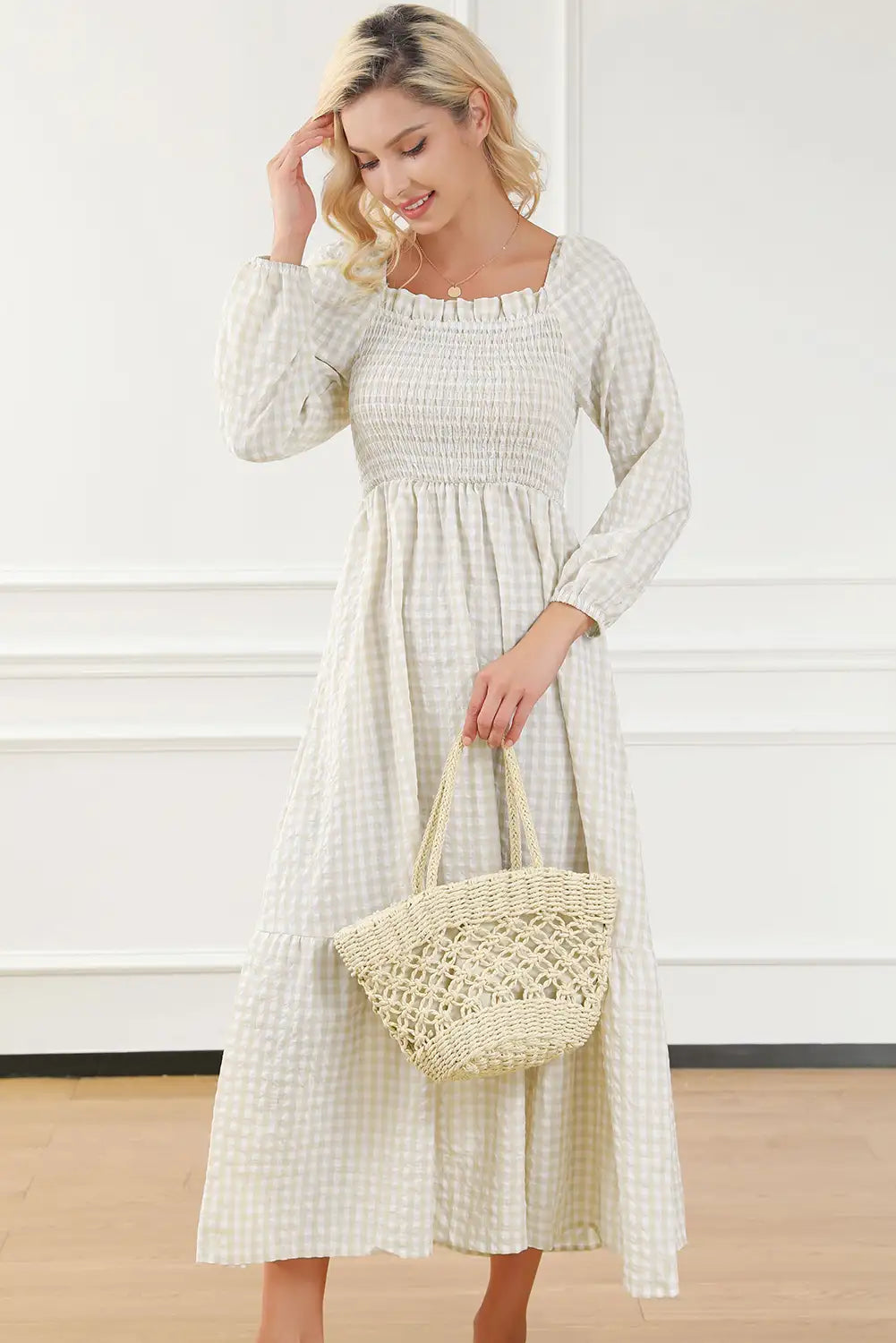 chic khaki plaid maxi dress