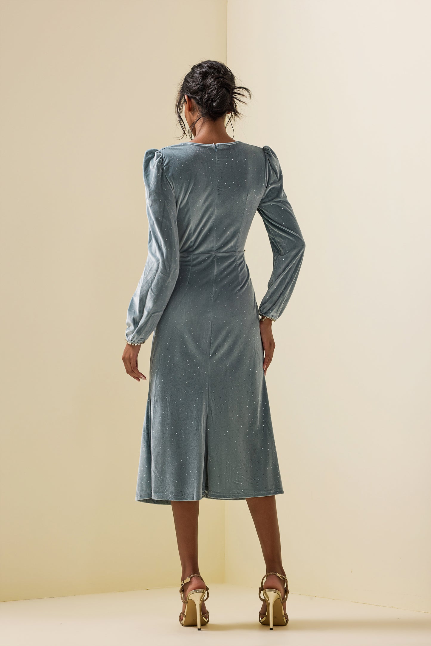 Solid Velvet Rhinestone Midi Dress