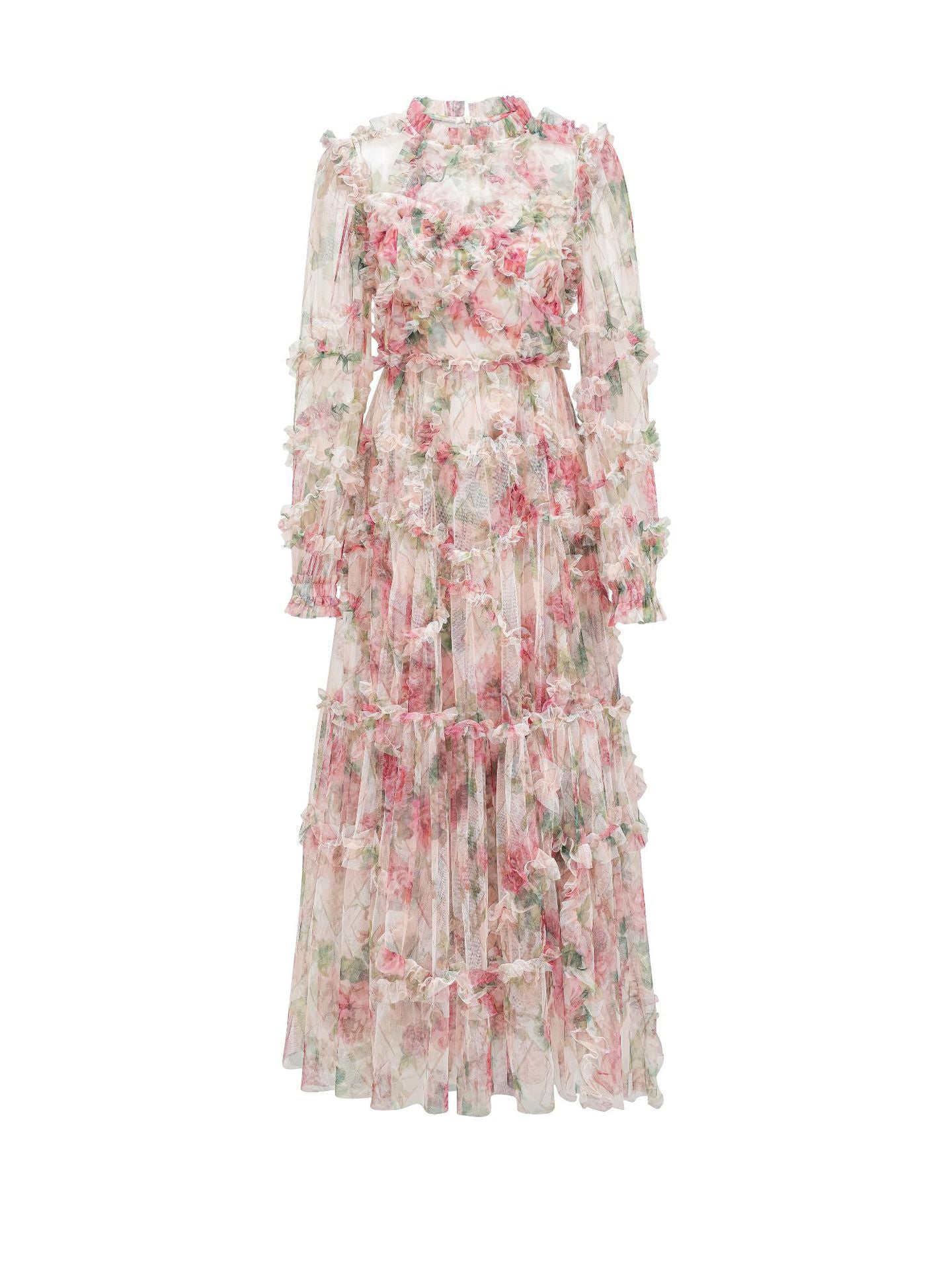 Floral Dress Illusion Neck And Sleeves High Collar Teried Party Maxi Dresses