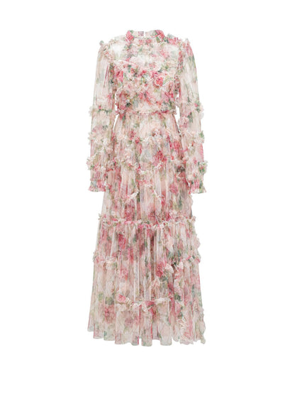 Floral Dress Illusion Neck And Sleeves High Collar Teried Party Maxi Dresses