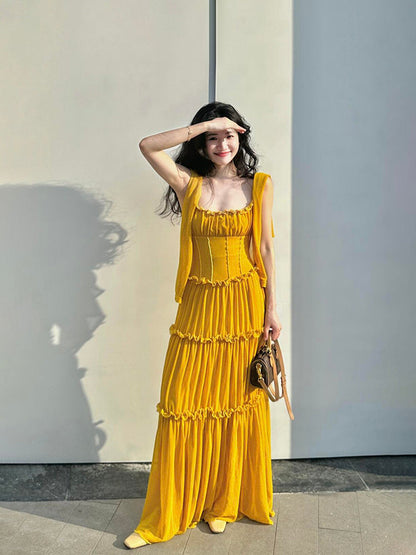 Mustard Yellow Ruched Ruffle Maxi Dress – Chic & Bright Summer Statement