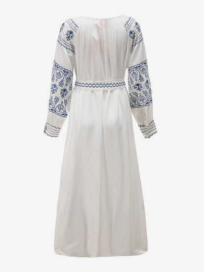 Boho Dress V-Neck Long Sleeves Bohemian Gypsy Beach Vacation White Spring Summer Belted Maxi Dress For Women